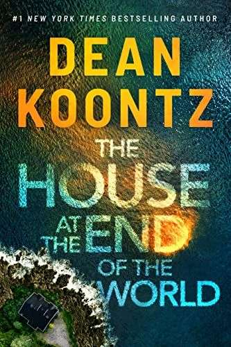 The front cover for The House at the End of the World by Dean Koontz. In the bottom left hand corner is a island. The rest of the page is water. In the water is a yellow smear. The origin starts in the bottom right hand side of the page and goes up to the top left hand side.