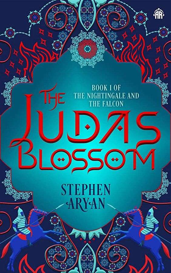 The front cover for The Judas Blossom by Stephen Ayran. The cover is blue with decorative detail around the edge.