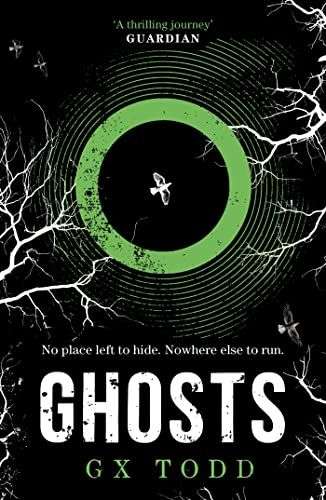 The front cover for Ghosts by GX Todd. The page is black and white tree branches are reaching in from either side of the page to a green circle in the middle with a white bird at the centre.
