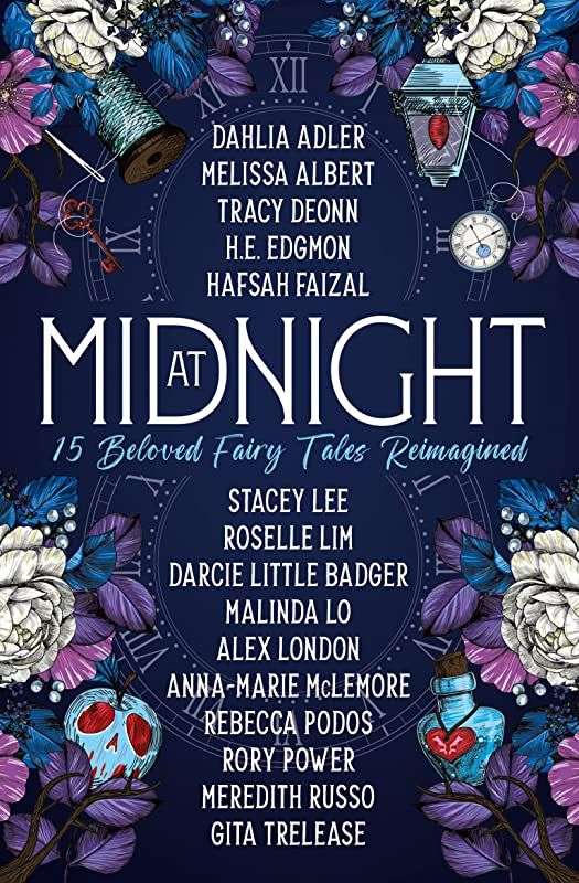 The front cover for At Midnight. The cover is dark blue with the name of the contributors running down the middle. Around the side are decorative displays of flowers and fauna.