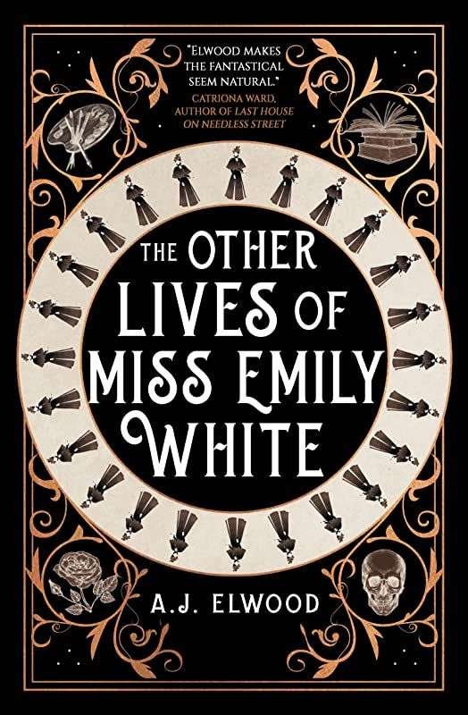 The front cover for The Other Lives of Miss Emily White. The title is in a black circle in the middle of the page. Around the title is a white band with the same image of a woman around it. In each corner is elaborate detail.