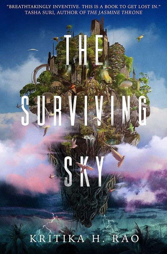 The front cover for The Surviving Sky by K.H. Rao. There is a large floating tree-like city rising out of clouds in the middle of the page. 