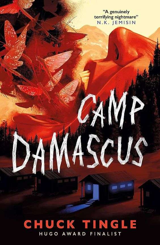 The front cover for Camp Damascus by Chuck Tingle. in the bottom half of the page is a set of camp huts in a clearing in a forest. There are pine trees in the background.One of the huts has a bright blue light coming from the windows and doors. The top of the page, behind the trees has a close up of an open mouth and moths are flying out of it.