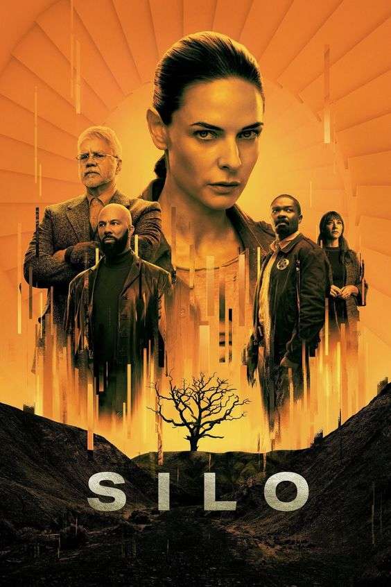 The cover for Silo. The bottom quarter of the page is black showing a dead earth and tree. The upper three quarters has an orange sky with characters from the show in front of a dull sun, 