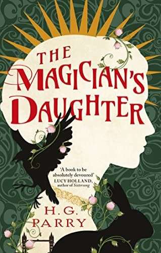 The front cover for the Magician's Daughter. There is the white outline of a woman's profile. She has yellow spike like rays coming out of her head. There is the image of a bird in flight around her hair which is tied up in a bun. At the bottom of the page is the black outline of a rabbit.