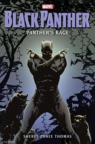 The front cover for Black Panther: Panther's Rage from Marvel. The Black Panther stands in the middle of the page with his arms crossed across his chest and his hands raised. There is a purple background and around him are black leaves and vines, and there is a panther either side of him.