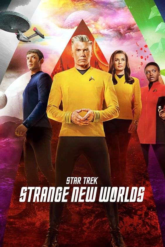 The title screen for Star Trek Strange New Worlds. There are four people on the screen. In the middle is a man with grey hair and a yellow tunic. To his right is a man with black hair and a blue tunic. There is a spaceship above his head. To the left of the main man, there is a woman with long brown hair and a yellow tunic and a woman with short black hair and a red dress.