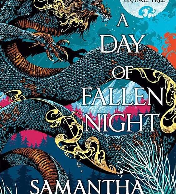The front cover for A Day of Fallen Night. The front cover shows an ornate gold-gilt dragon curling around the page. There is red smoke around the dragon. Behind them is a snowy mountain range and a nights sky.