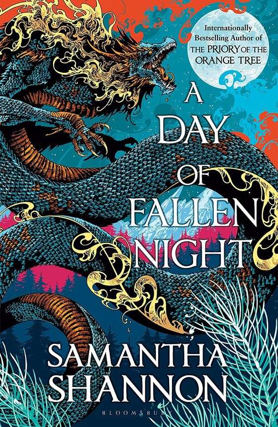 The front cover for A Day of Fallen Night. The front cover shows an ornate gold-gilt dragon curling around the page. There is red smoke around the dragon. Behind them is a snowy mountain range and a nights sky.