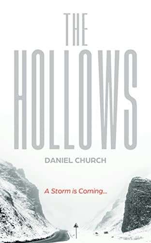 The cover of The Hollows. A white cover with a road passing between two snow-covered hills at the bottom. The title and author name are in silver type.