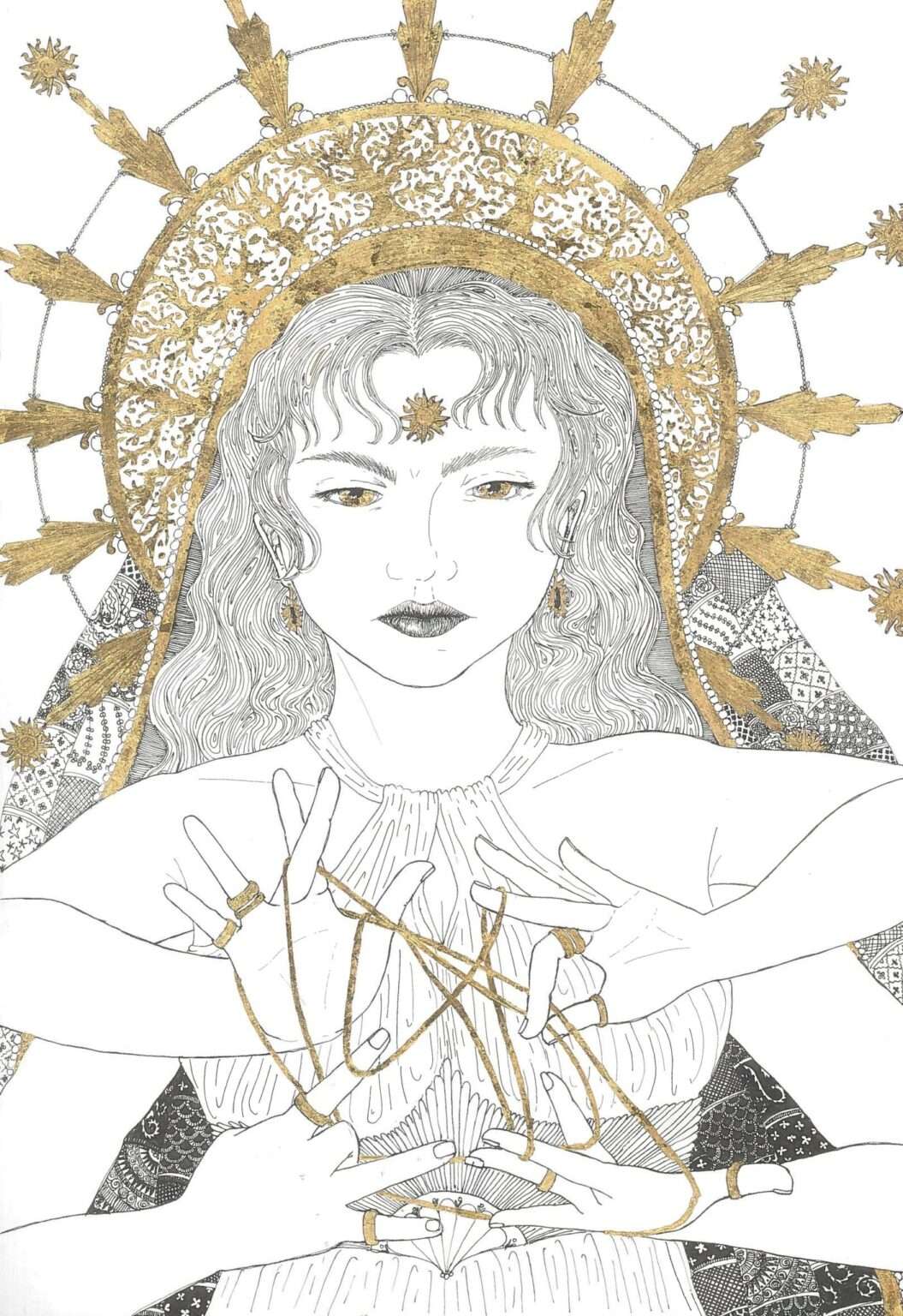 Jenni Coutt's BFS cover image - a divine female being with multiple arms and an intricate golden stellate halo weaves a cat's cradle of golden threads.