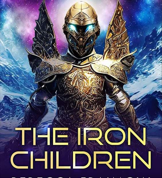 The front cover for The Iron Children by Rebecca Fraimow. An ornate golden mech with glowing eyes and wings is in the middle of the page. Behind it is a rocky terrain and a purple/blue sky