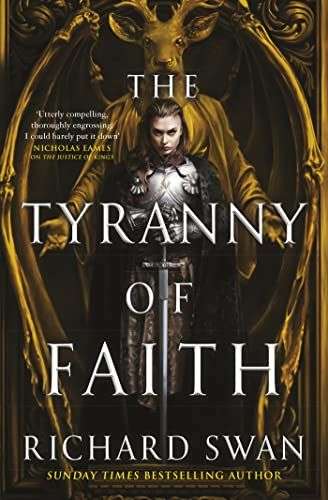 The front cover of The Tyranny of Faith. There is a person standing in front of a large statue of a golden bat. The person is in armor and is holding a sword, point down by their feet.