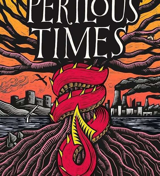The front cover for Perilous Times from Thomas D. Lee. There is a red dragon's tail wrapped around a tree in the middle of the page. There are bare roots at the bottom of the page and bare branches at the top. In the background are factories with thick black smoke coming out of their chimneys