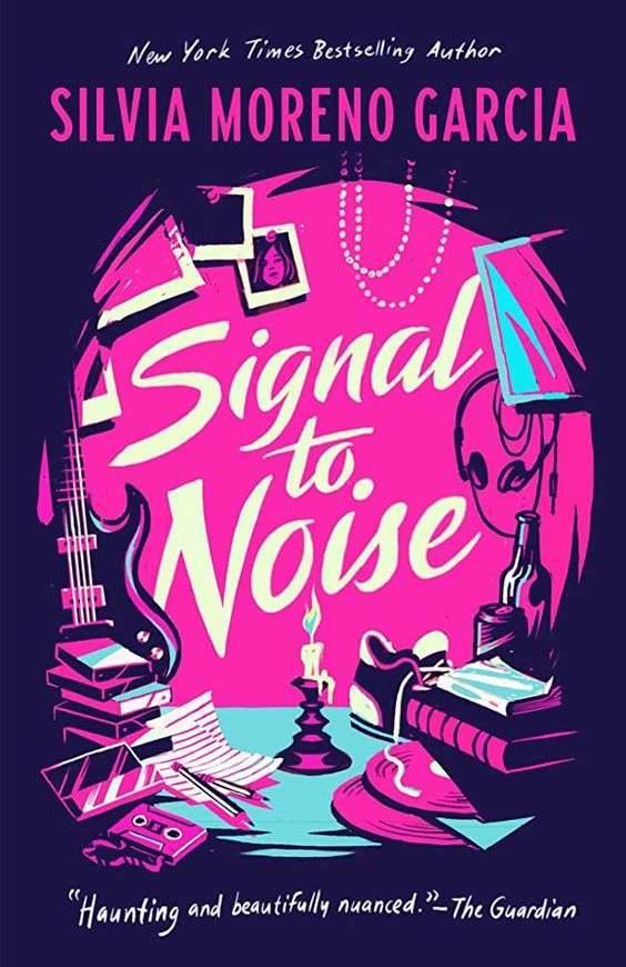 The front cover for Signal to Noise by Silvia Moreno-Garcia. The cover is a dark purple. In hte middle of the page is a small candle which has created a pick circle of light revealing the book's title. Also visible from the candle's light is a black guitar, some CD cases and polaroids on the left hand side, and some headphones, books and a sneaker on the right.