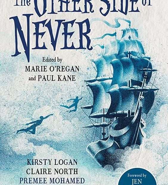 The front cover for The Other Side of Never edited by Marie O'Reganand Paul Kane. There is a silvery-blue ship on the right hand side of the page coming out of clouds. There are two blue figures flying towards the ship.