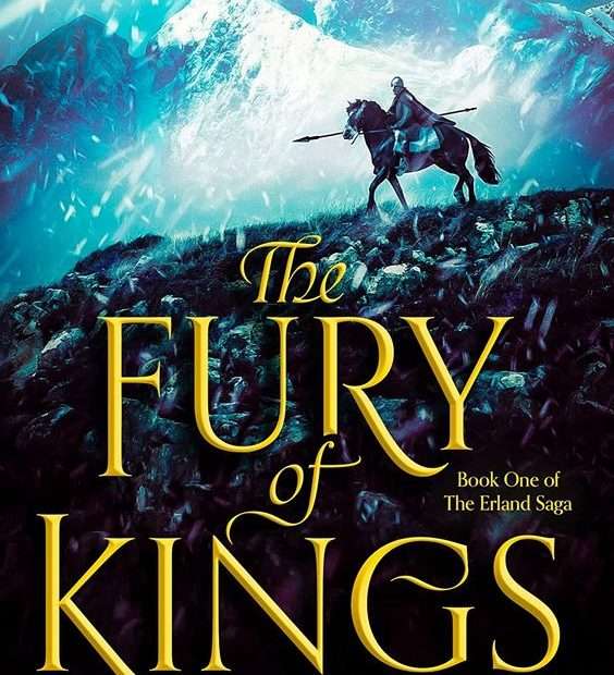 The front cover for The Fury of Kings by R.S Moule. The front cover shows a person on horseback in the top right hand corner of the page looking down over a rainy hillside.
