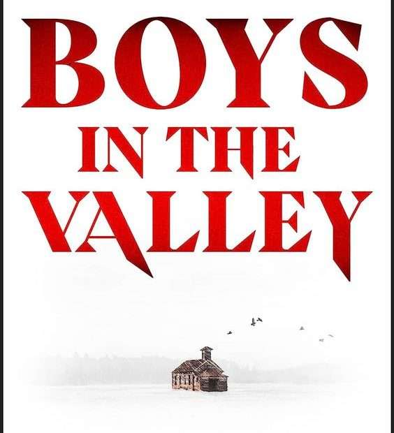 The front cover for Boys in the Valley. The cover is white with the title covering most of the page in big red capitals. Beneath the title is a small building with some birds flying overhead.