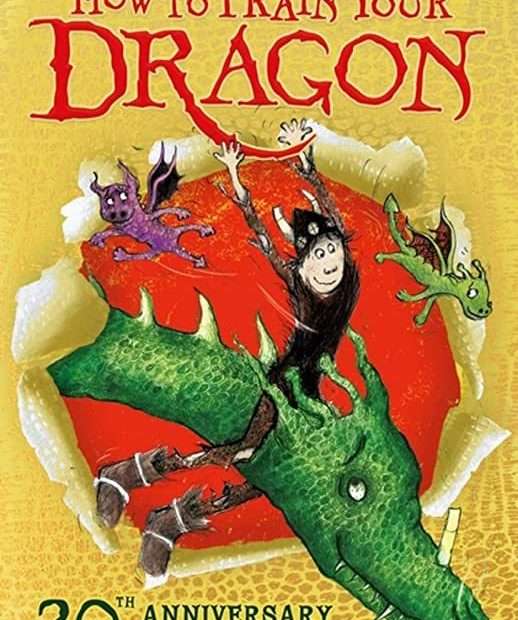 The front cover for How to Train Your Dragon by Cressida Cowell. A young Viking boy riding a large green dragon bursts through the golden front cover revealing a red background behind them.