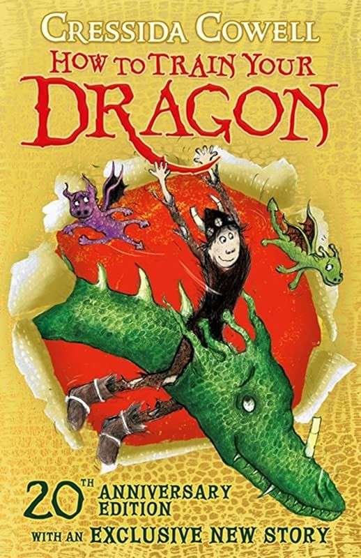 The front cover for How to Train Your Dragon by Cressida Cowell. A young Viking boy riding a large green dragon bursts through the golden front cover revealing a red background behind them.