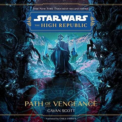 The front cover for Star Wars High Republic Path of Vengeance. In the middle of the page is a woman with a blue background. Close of her on either side are two women both holding lightsabres. Dark creatures are on the edge of the page all staring at her.