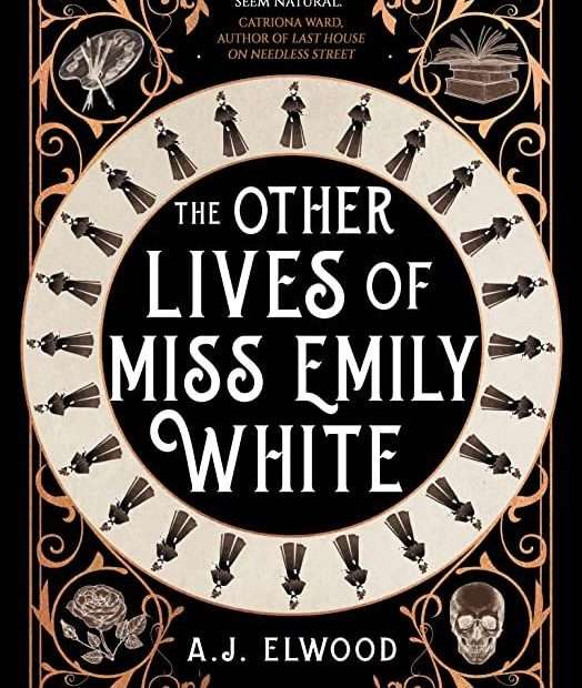 The front cover for The Other Lives of Miss Emily White. The title is in a black circle in the middle of the page. Around the title is a white band with the same image of a woman around it. In each corner is elaborate detail.