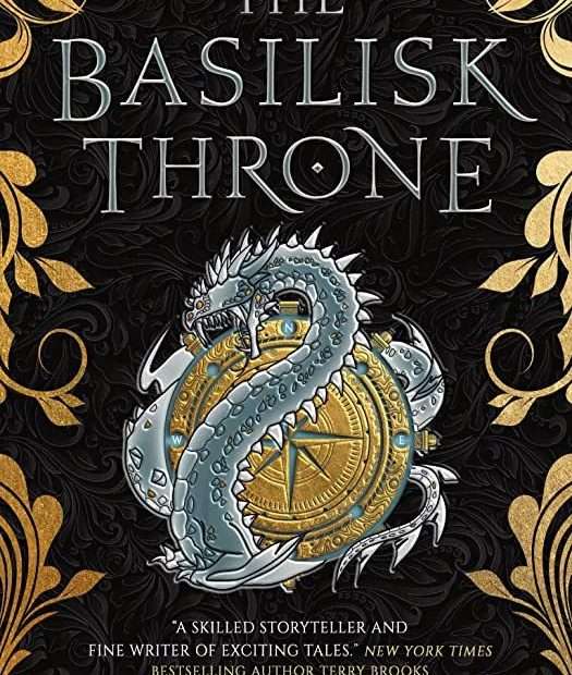 The front cover for The Basilisk Throne by Grey Keyes. The cover is black, In the middle is a golden disc with a dragon curled around it carved from a grey material. Around the edges of the page is gold detail.