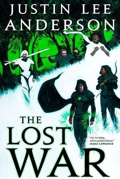 The front cover for The Lost War by Justin Lee Anderson. The page is divided by a diagonal line running from the middle of the left hand side up the to the top quarter of the right. The bottom slice is white with four figures walking on it. Two are clear as they are wearing dark clothes. The other two are wearing white and harder to define. Behind them is a green forest.