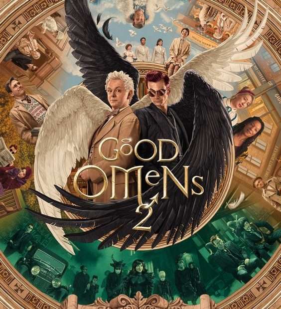 The season 2 poster of Good Omens. There are two men in the middle. One is an angel with his left wings outstretched behind the other man who is a demon with black wings. The demon's right wing is outstretched behind the angel and the left curl curls around the front of them both. Above them are images of people in light coloured suits. Below them are people in black.