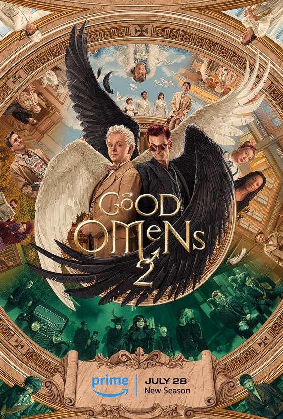 The season 2 poster of Good Omens. There are two men in the middle. One is an angel with his left wings outstretched behind the other man who is a demon with black wings. The demon's right wing is outstretched behind the angel and the left curl curls around the front of them both. Above them are images of people in light coloured suits. Below them are people in black.