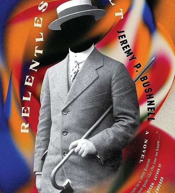 The front cover for Relentless Melt by Jeremy P. Bushnell. The background is a swirl of blue, orange, red and white. In the middle is a person in a grey suite with a white hat. They are wearing white gloves and hold a cane. There is no face to the person.
