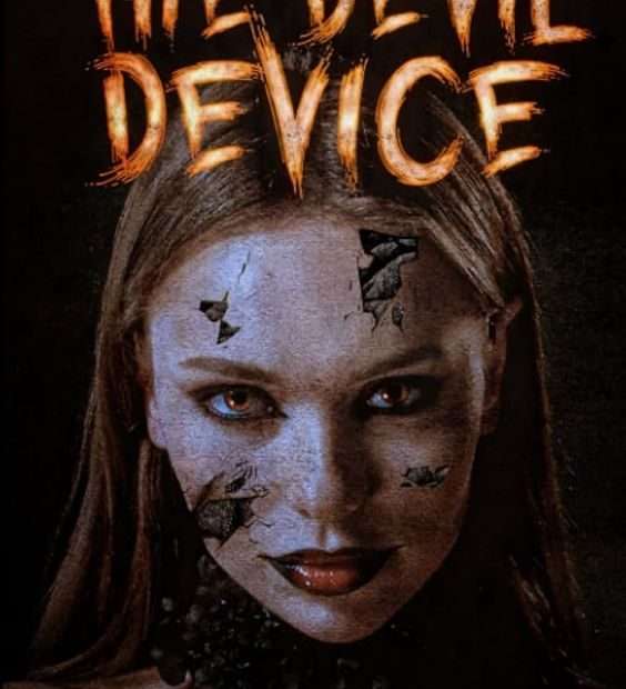 The front cover for The Devil Device by Dave Jeffrey. There is the face of a young woman with long hair in the middle of the page. Parts of her face are broken revealing a second monstrous face beneath,