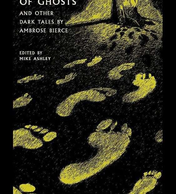 the front cover for The Ways of Ghosts from the British Library Publishing. The front page is black and there are yellow footprintes leading up to a person crouching under a light.