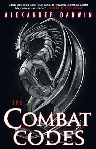 The front cover for Combat Codes by Alexander Darwin. The front cover is black. There is an image of a dragon standing on its back legs. Its wings come up above it's head then down around its feet. The dragon is a statue and only highlighted in certain areas.