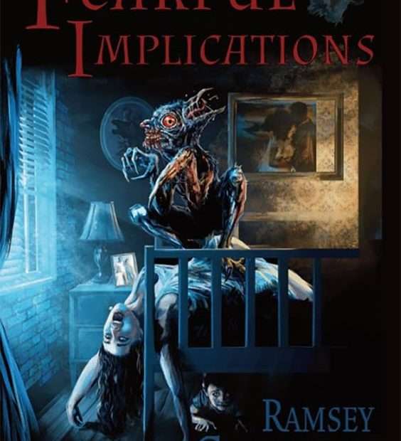 The front cover for Fearful Implications by Ramsey Campbell. The images is a scene of a bedroom with a white boarded bed. The image is looking at the bottom of the bed with the back wall behind it. It is night. The window curtains are open and moonlight is coming through onto the bed on the left hand side. On the right, light from a slightly open doorway falls on a poster on the wall. Perched on the bedstead is a small demon with wings. It is looking back over its shoulder at us grinning.