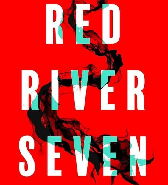 The front cover for Red River Seven by A. J. Ryan. The cover is red. There is a trail of black smoke weaving down the middle of the page, thin at the top and thick at the bottom. The title works are in white running down the middle of the page.