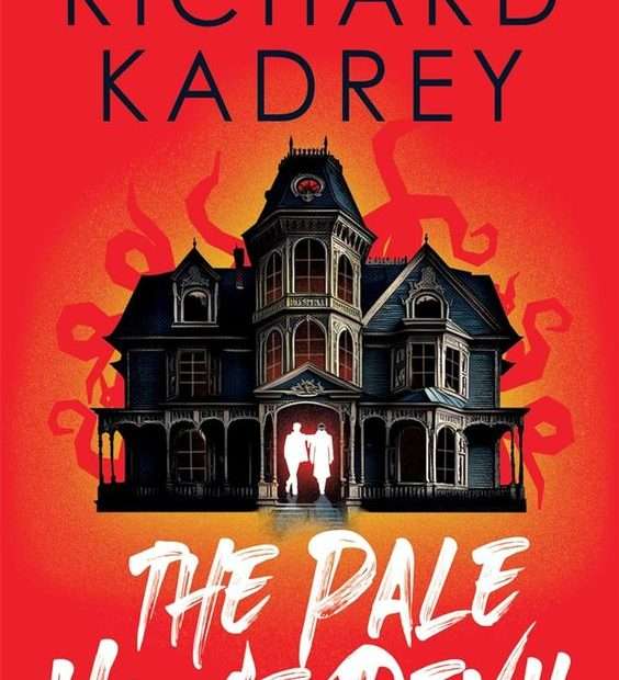 The front cover for The Pale House Devil by Richard Kadrey. The cover is red. In the middle there is a large back house with a tower. There are two people standing in the doorway. One is completely white with his left leg crossed and his left arm leaning on the shoulder on the other figure. The Other figure is straight and his head is black. Behind the house is a yellow light and red tentacles can be seen coming out from around the house.
