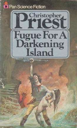 Book cover - Fugue for a Darkening Island. A man carries a limp woman away from an explosion