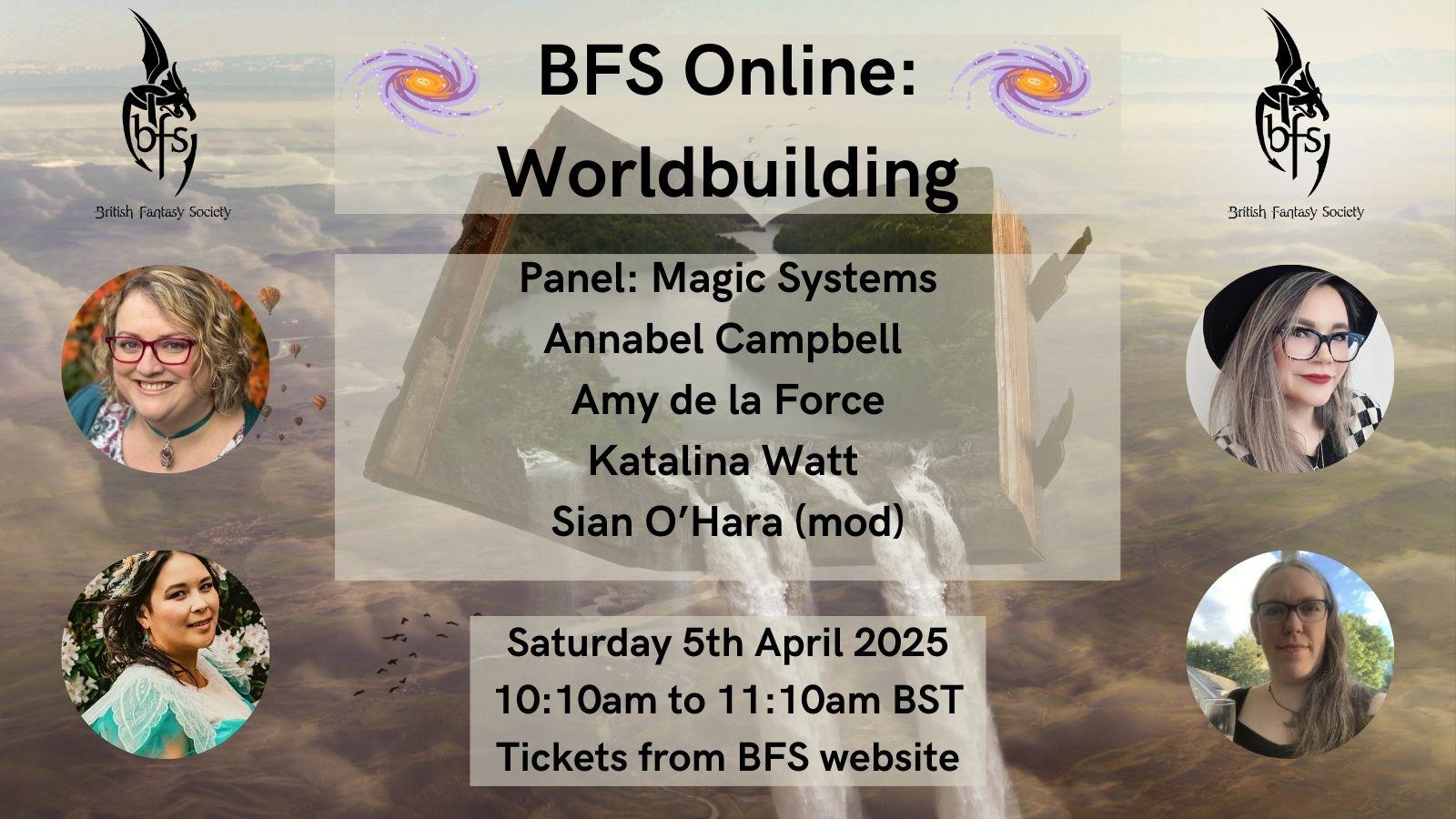 Shown is a graphic that has a background of a mountainous landscape, seen through clouds. In the middle is an old book with the pages open and a river spilling out. On the top right and left is the BFS logo, a black dragon design curling around the letters ‘BFS’. Photos: Annabel Campbell (top left); Amy de la Force (top right); Katalina Watt (bottom left); Sian O’Hara (bottom right).