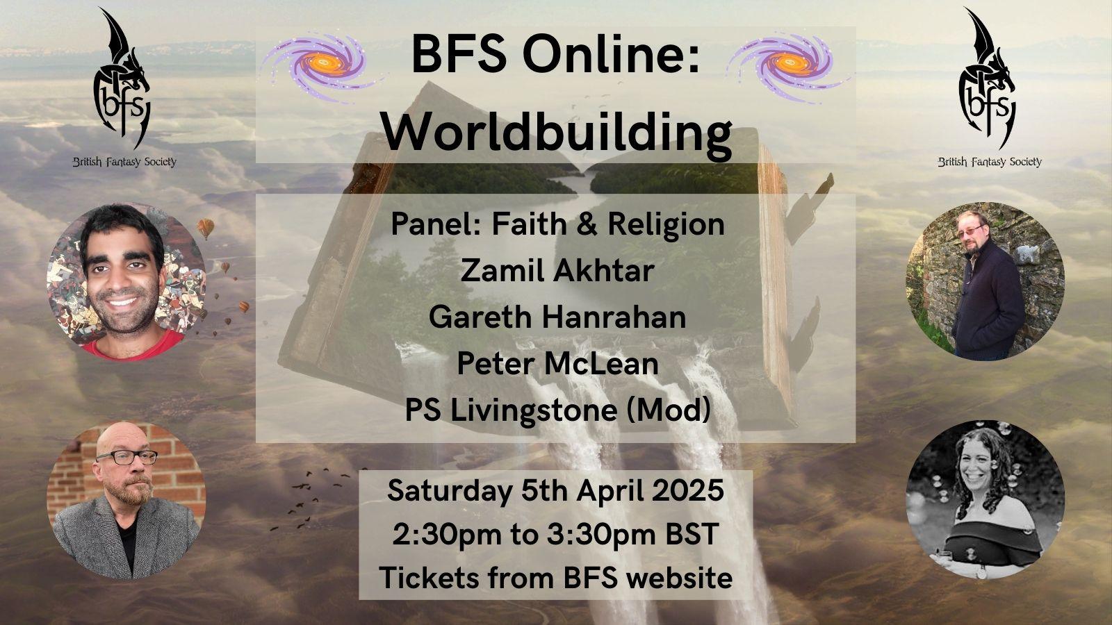 Shown is a graphic that has a background of a mountainous landscape, seen through clouds. In the middle is an old book with the pages open and a river spilling out. On the top right and left is the BFS logo, a black dragon design curling around the letters ‘BFS’. Photos: Zamil Akhtar (top left); Gareth Hanrahan (top right); Peter McLean (bottom left); PS Livingstone (bottom right).