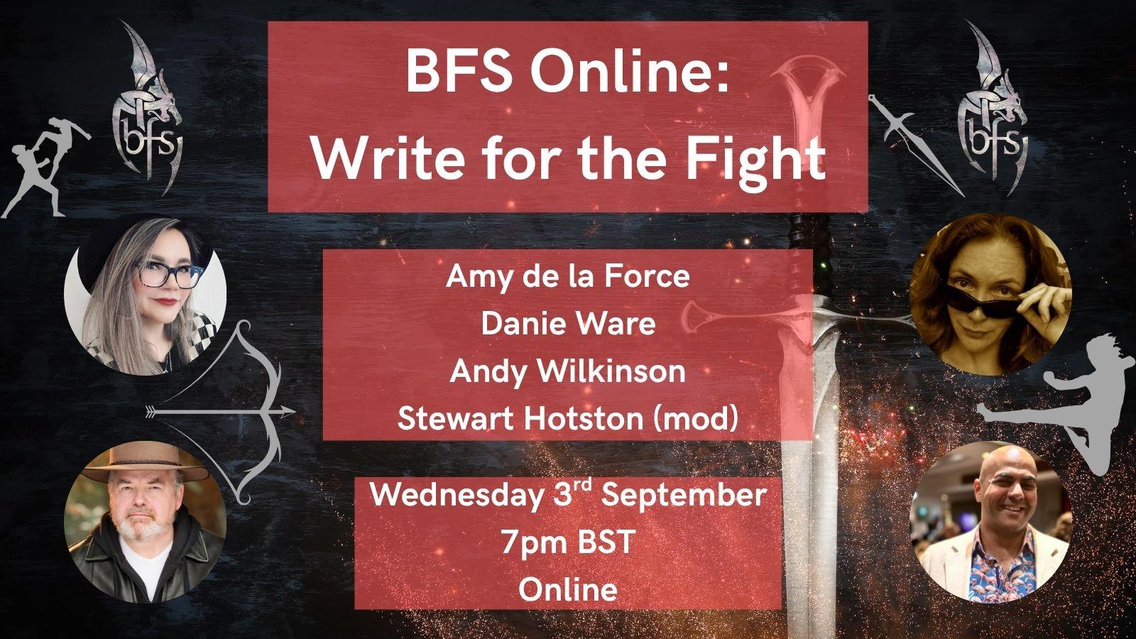 Shown is a graphic that has a dark background with a black-handled silver sword on the right; around it are sparks. There are silver outlines of people fighting, along with a dagger and a bow and arrow. On the top right and left of the heading is the BFS logo, a silver dragon design curling around the letters ‘BFS’. Photos: Amy de la Force (top left); Danie Ware (top right); Andy Wilkinson (bottom left); Stewart Hotston (bottom right).