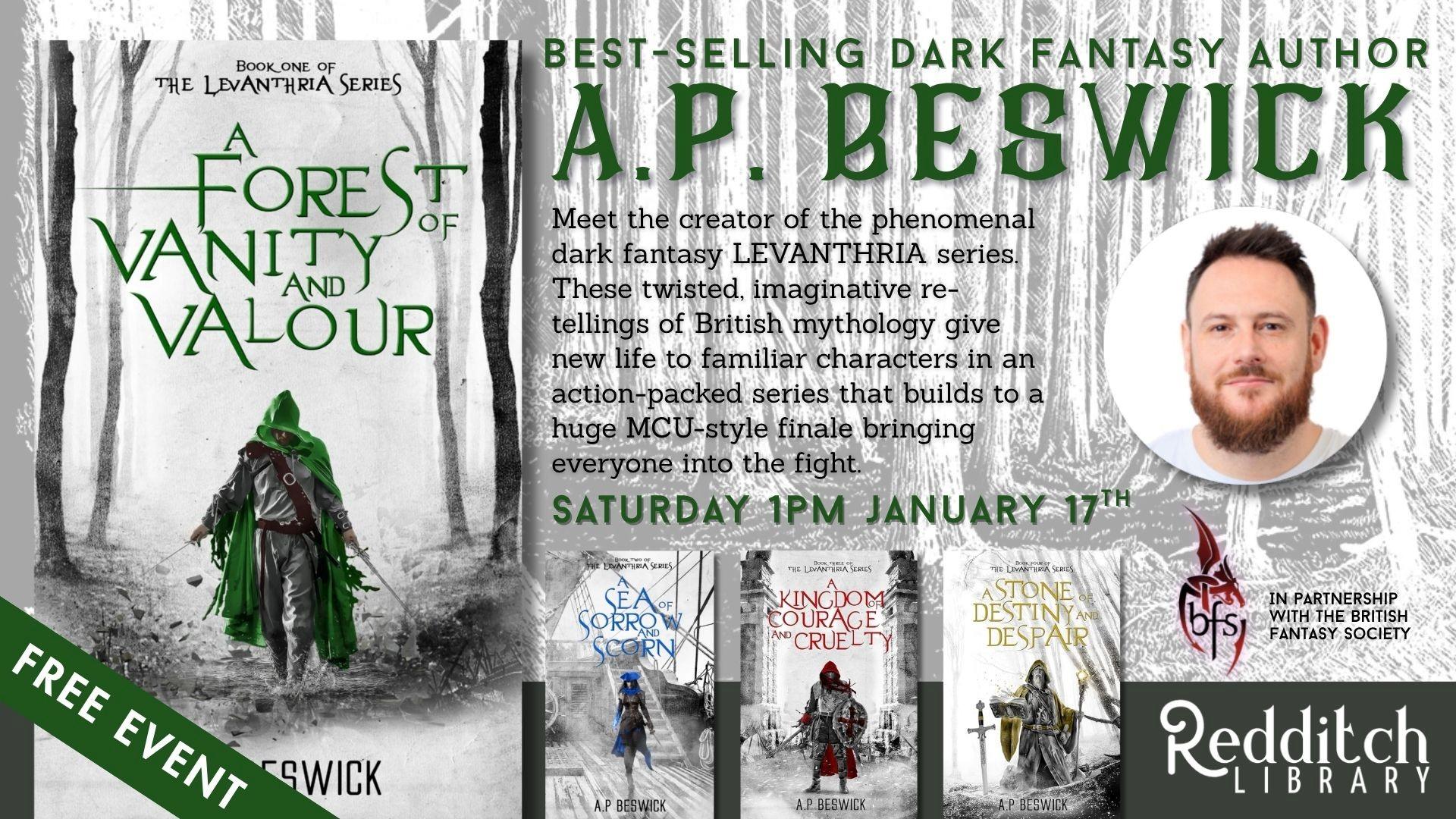 A white forest background. Photos: AP Beswick (right); covers of books by the authors in a row (below). The Redditch Library and British Fantasy Society (a dragon curling around the letters BFS) logos.