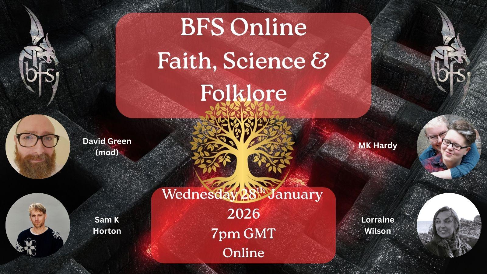 Shown is a graphic of a stone maze with lava running between the gaps. In the centre is a golden tree with many leaves. Top left and right is the BFS logo, a silver dragon design curling around the letters ‘BFS’. Photos (left to right): David Green; MK Hardy; Sam K Horton; Lorraine Wilson.