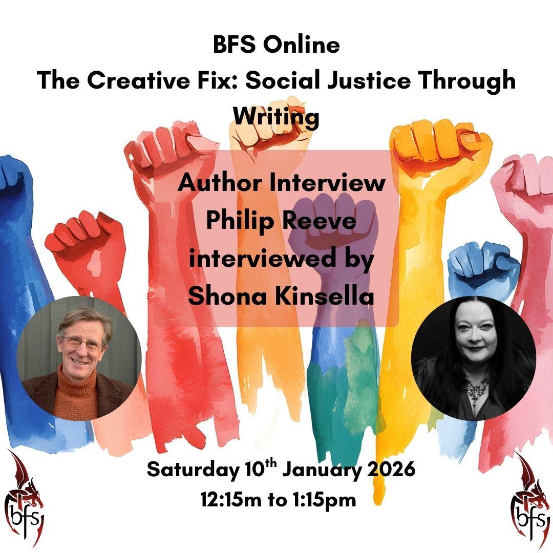 Shown is a graphic that has a white background with multicoloured hands raised in a fist. On the bottom right and left is the BFS logo, a red and black dragon design curling around the letters ‘BFS’. Photos (left to right): Philip Reeve; Shona Kinsella.