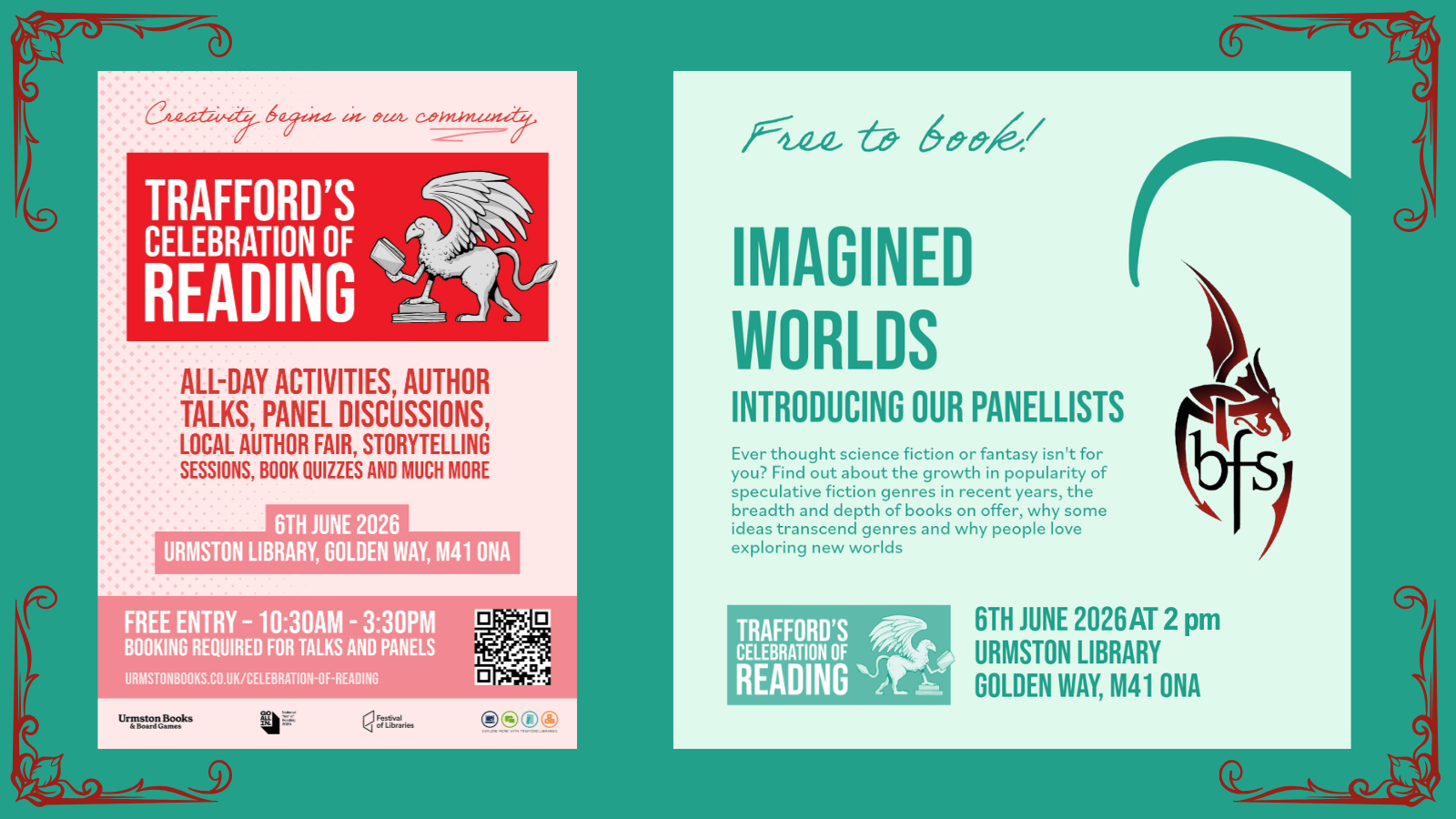 All day activities, author talks, panel discussions, local author fair, storytelling sessions, book quizzes, and much more. 6th June 2026, Urmston Library, M41 0NA. Free entry. 10:10 am – 3:30 pm. Booking required for talks and panels. UrmstonBooks.co.uk/Celebration-of-Reading.
Imagined Worlds: Introducing our panellists. Ever thought that science fiction or fantasy isn't for you? Find out about the growth in popularity of speculative fiction genres in recent years, the breadth and depth of books on offer, why some ideas transcend genres and why people love exploring new worlds. 