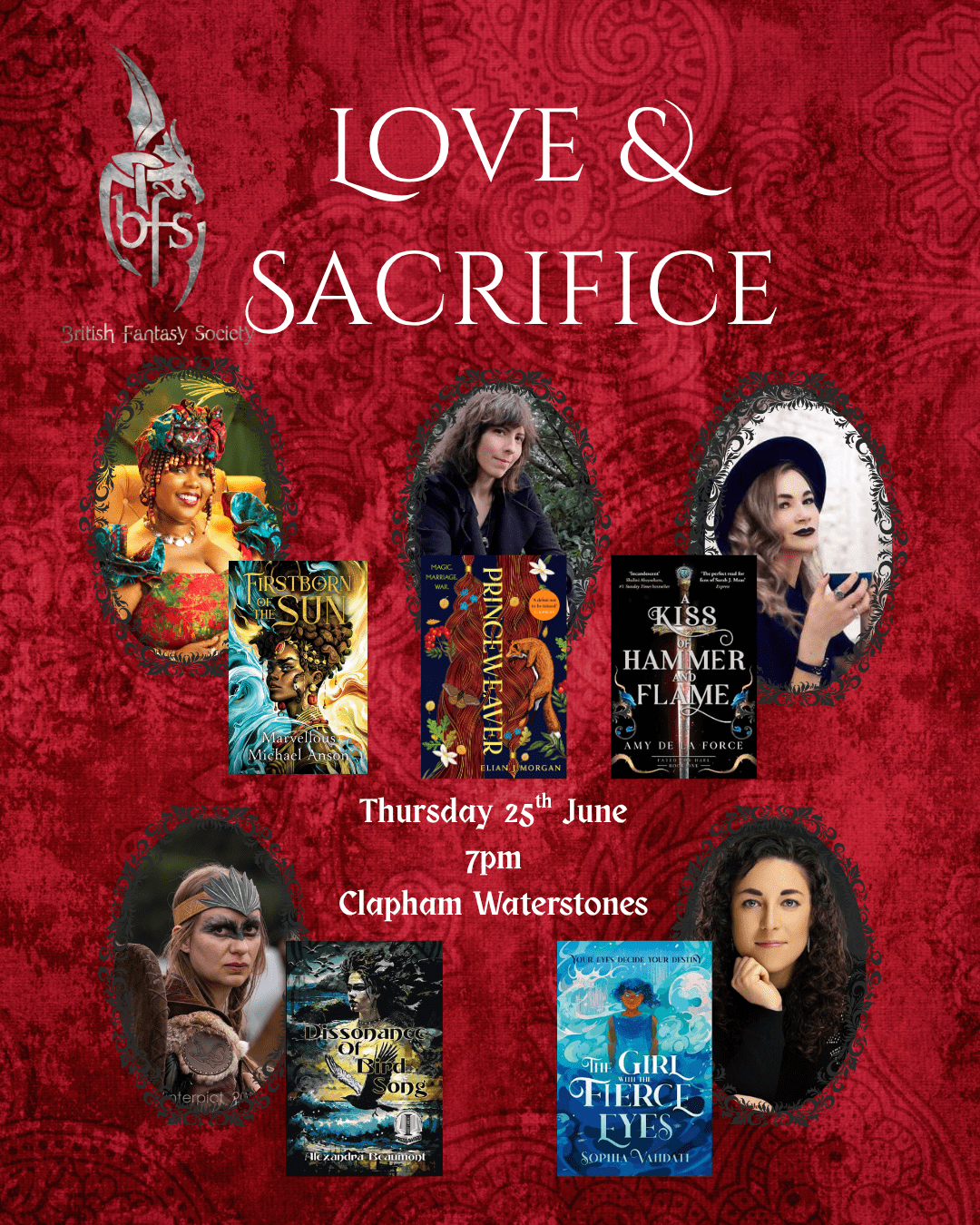 An image of authors Marve Anson, Elian Morgan, Amy De La Force, Alexandra Beaumont (mod) and Sophia Vahdati who are on a panel about Love & Sacrifice.