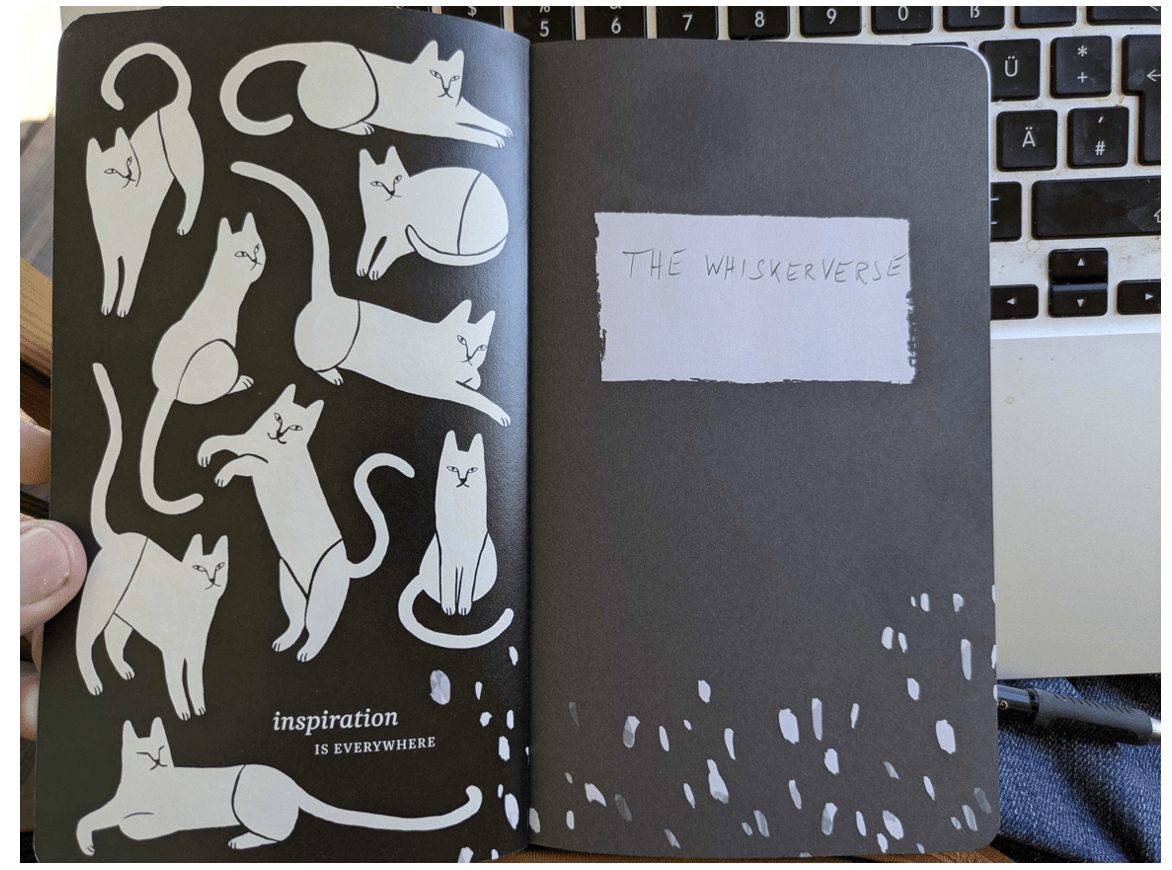 A black notebook with white cats drawn on the left hand side