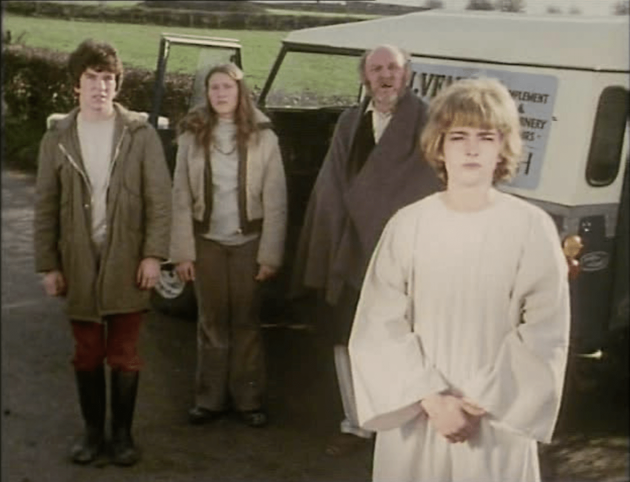 A still from the 1975 serial Sky, showing the titular character with three others behind him