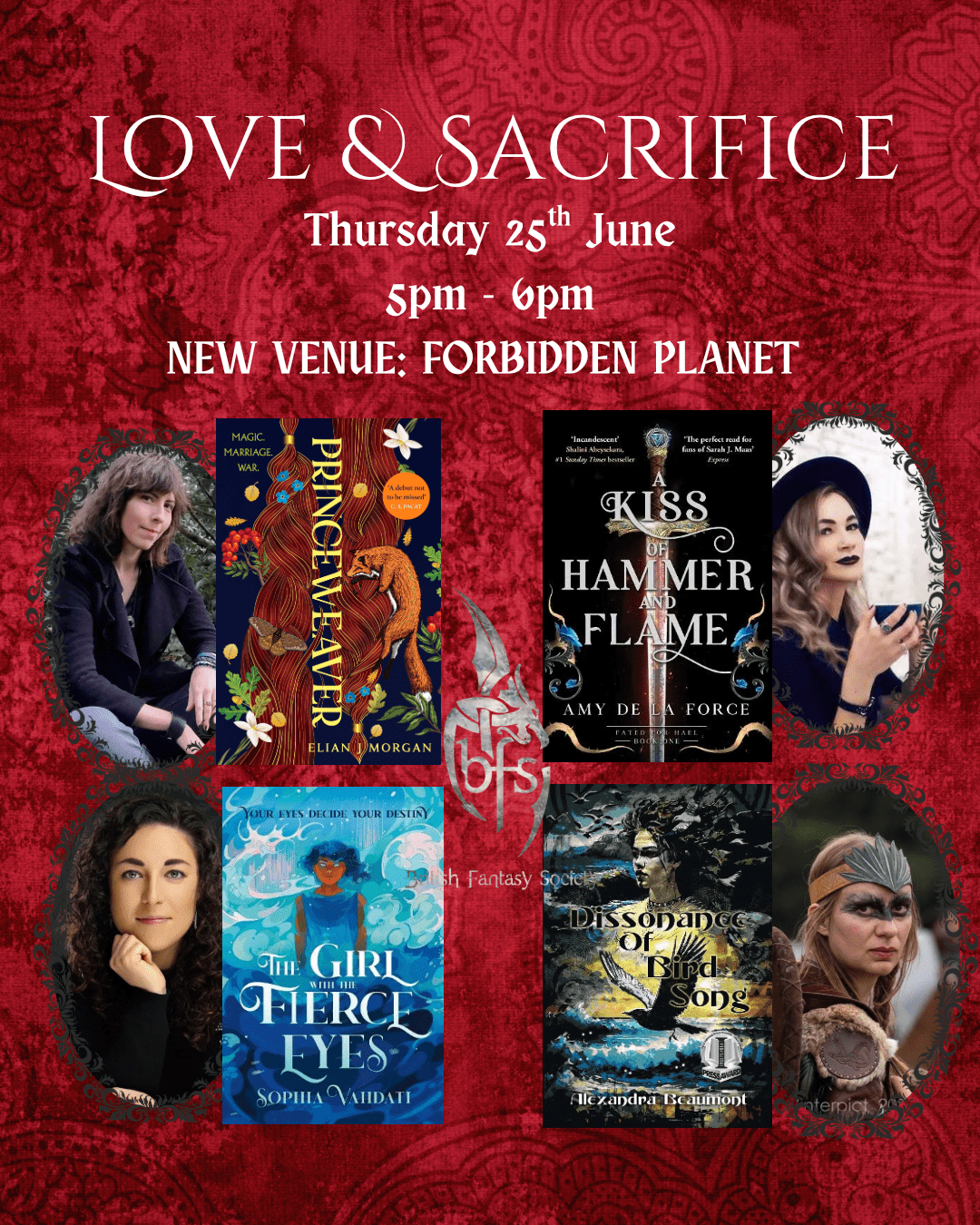 An image of authors Elian J Morgan, Amy De La Force, Alexandra Beaumont (mod) and Sophia Vahdati who are on a panel about Love & Sacrifice. Thursday 12th June, 5pm – 6pm. New venue: Forbidden Planet.