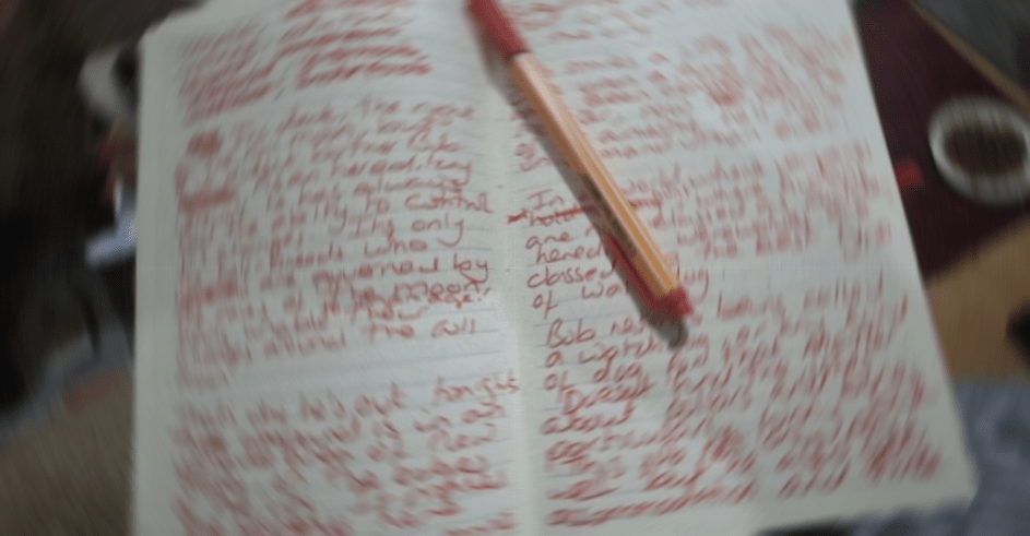 A notebook full of red ink, blurred